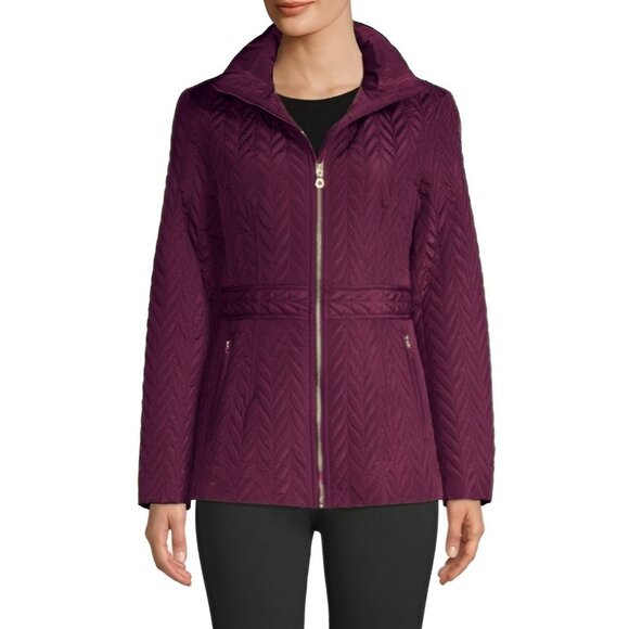 Kate Spade New York Size S Burgundy Full-Zip Herringbone Quilted Puffer Jacket - Picture 1 of 16